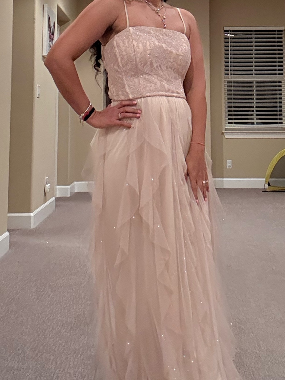 Elegant Blush Pink Strapless Tulle Evening Gown